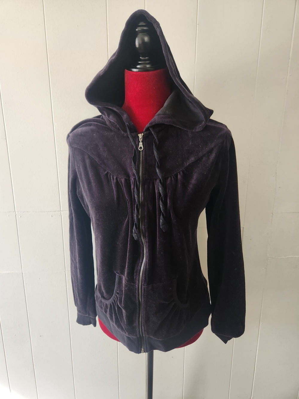 Route 66 Velvet Hooded Zip-Up Jacket in Black Y2k Grunge Goth Large
